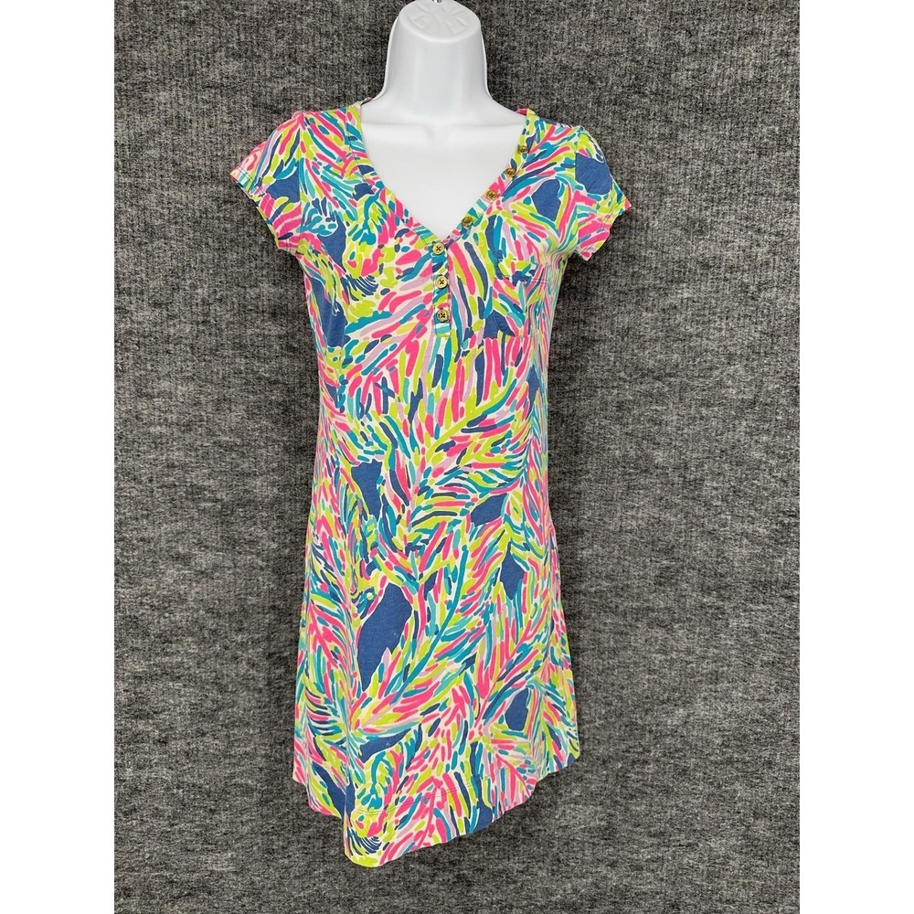 Lilly Pulitzer T Shirt‎ Dress Womens XXS Mini Tropical Floral Henley Pima Cotton
